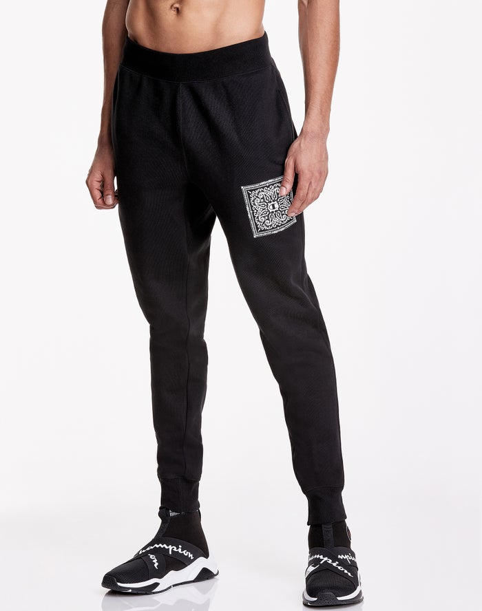 Champion Mens Joggers NZ - Reverse Weave Bandana Print With C Logos Black ( 6538-JMAIH )